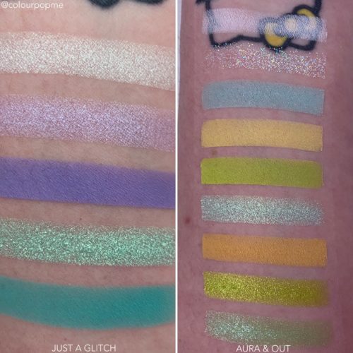 COLOURPOP Y2K palette comparisons JUST A GLITCH VS AURA & OUT